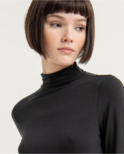 Load image into Gallery viewer, SURKANA <BR>
Fitted T-shirt with plain elasticated low Perkins polo neck<BR>
Black or Turquoise <BR>