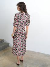 Load image into Gallery viewer, FRENCH CONNECTION <BR>
Molly Puff Sleeve Tea Dress <BR>
Black & Pink Floral Design <BR>
