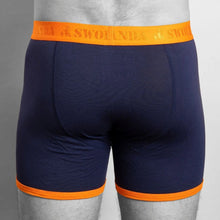 Load image into Gallery viewer, SWOLE PANDA <BR>
Men's fitted bamboo boxers<BR>
Navy/Orange