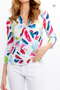 DOLCEZZA<BR>
Ruched Brush Stroke Summer Jersey Top<BR>
Multi<BR>