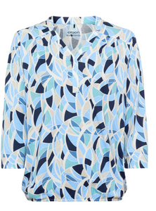 OLSEN<BR>
Cotton Blend 3/4 Sleeve Geo Print Tunic Shirt<BR>
Blue/Burgandy<BR>