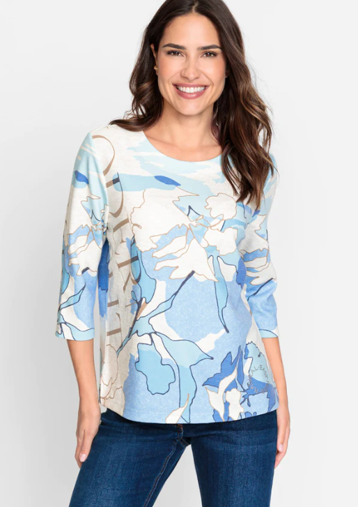 OLSEN<BR>
Sleeve Abstract Print Jersey Sweatshirt<BR>
Blue/Cream<BR>