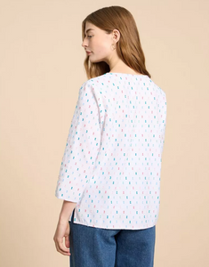 WHITE STUFF<BR>
Rae Cotton Top<BR>
Blue/Ivory<BR>