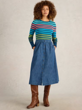 Load image into Gallery viewer, WHITE STUFF<BR>
Heather Denim Midi Skirt<BR>
Blue<BR>