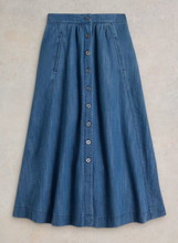 Load image into Gallery viewer, WHITE STUFF<BR>
Heather Denim Midi Skirt<BR>
Blue<BR>