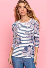Load image into Gallery viewer, OLSEN<BR>
Floral and Stripe Print T-Shirt<BR>
Blue/Pink<BR>