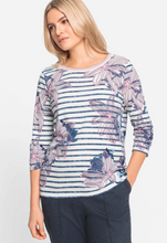 Load image into Gallery viewer, OLSEN<BR>
Floral and Stripe Print T-Shirt<BR>
Blue/Pink<BR>
