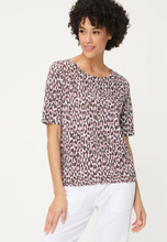 Load image into Gallery viewer, OLSEN<BR>
Leopard Print Split Neck T-shirt<BR>
Brown/White<BR>
