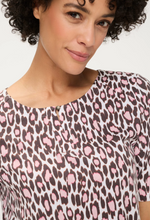 Load image into Gallery viewer, OLSEN<BR>
Leopard Print Split Neck T-shirt<BR>
Brown/White<BR>