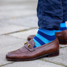 Load image into Gallery viewer, SWOLE PANDA <BR>
Sky Blue & Navy striped bamboo socks