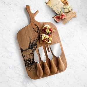 TAYLORS EYE WITNESS <BR>
Stag Acacia Cheese Board & Four Piece Cheese Knife Set <BR>