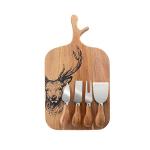 TAYLORS EYE WITNESS <BR>
Stag Acacia Cheese Board & Four Piece Cheese Knife Set <BR>