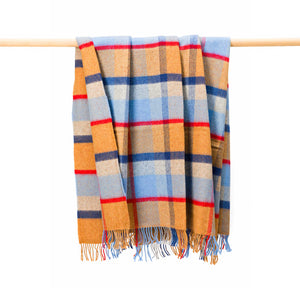 JOHN HANLY <BR>
Merino Wool Cashmere Throw <BR>
Orange Blue Silver Red Check <BR>