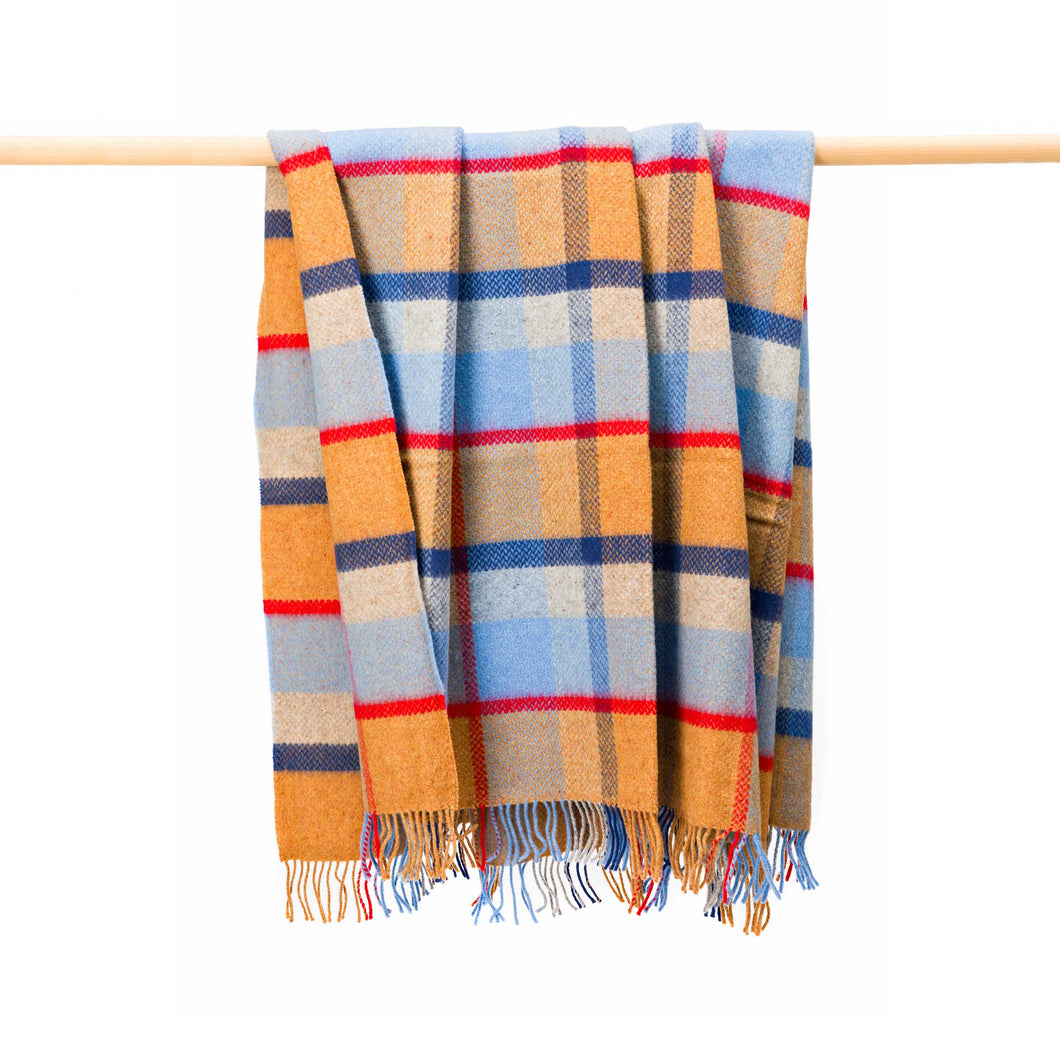 JOHN HANLY <BR>
Merino Wool Cashmere Throw <BR>
Orange Blue Silver Red Check <BR>