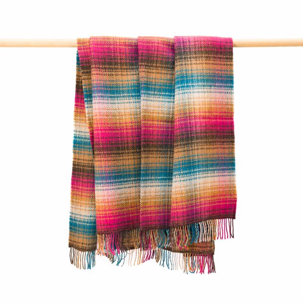 JOHN HANLY <BR>
Cashmere Throw <BR>
Pink Orange Teal Camel Brown Cream Check <BR>