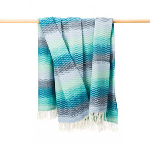 JOHN HANLY <BR>
Cashmere Throw <BR>
Aqua Teal Denim Blue Diffused Stripe Textured Twill <BR>