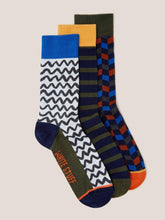 Load image into Gallery viewer, WHITE STUFF &lt;BR&gt;
3 pack Mens Ankle Socks, Geo Stripes &lt;BR&gt;
Khaki mix &lt;BR&gt;
