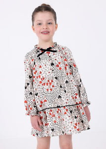 MAYORAL <BR>
Girls Printed dress with metallic thread <BR>
Cream, red & black <BR>
