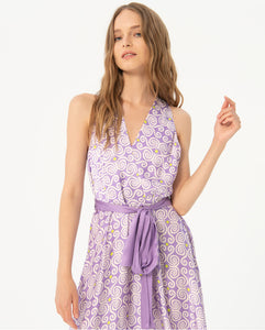SURKANA <BR>
Printed satin long and crossed dress <BR>
Lilac <BR>