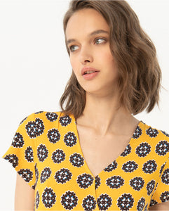 SURKANA <BR>
Printed midi cross over dress <BR>
Yellow <BR>