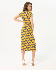 SURKANA <BR>
Printed midi cross over dress <BR>
Yellow <BR>