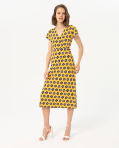 SURKANA <BR>
Printed midi cross over dress <BR>
Yellow <BR>