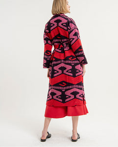 SURKANA <BR>
Printed wide long coat with printed lapels <BR>
red Mix <BR>
