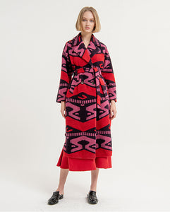 SURKANA <BR>
Printed wide long coat with printed lapels <BR>
red Mix <BR>