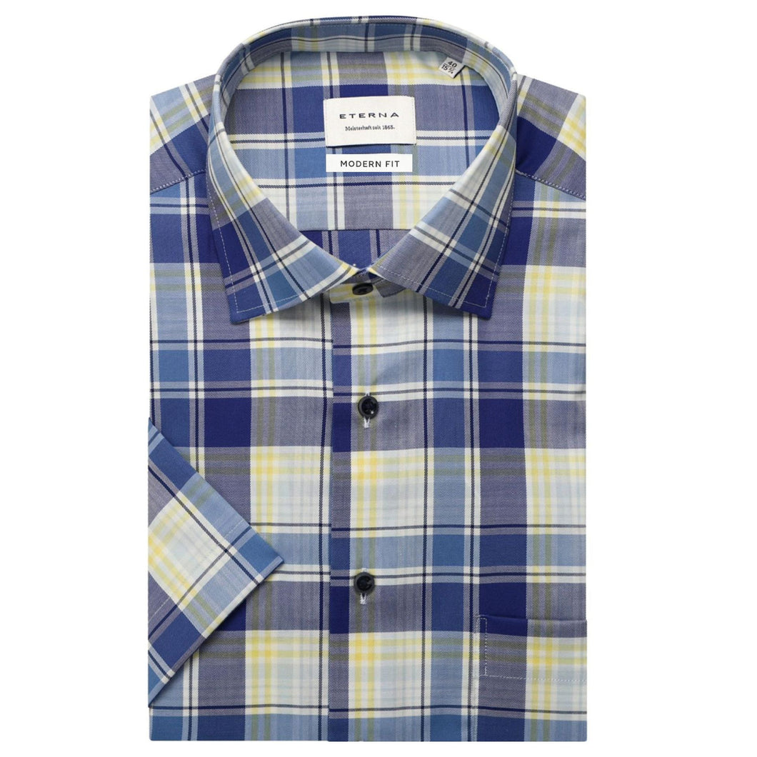 ETERNA <BR>
Modern fit short sleeve shirt <BR>
Dark blue yellow checkered <BR>