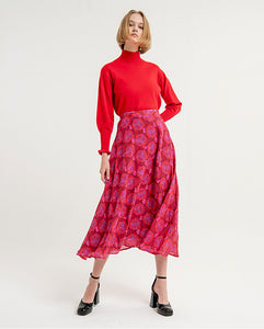 SURKANA <BR>
Printed long floaty skirt <BR>
Pink, Red Mix <BR>