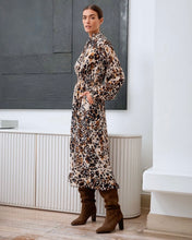 Load image into Gallery viewer, MILANO <BR>
Ruffle Tie Neck Midi Dress <BR>
Animal Print <BR>
