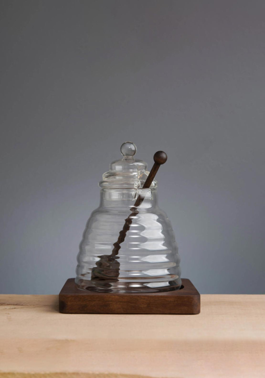 ARTISAN STREET <BR>
Glass Honey Pot & Stirrer on Wooden Tray <BR>
