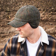 Load image into Gallery viewer, JOHN HANLY &lt;BR&gt;
Baseball Cap with Ear Flap &lt;BR&gt;
Dark Green Black Herringbone &lt;BR&gt;
