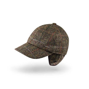 JOHN HANLY <BR>
Baseball Cap with Ear Flap <BR>
Dark Green Black Herringbone <BR>