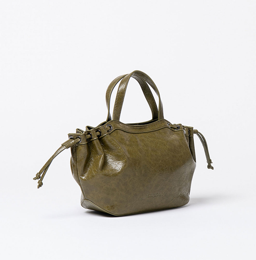 SURKANA <BR>
Crackled leather effect bag with two handles <BR>
Khaki <BR>