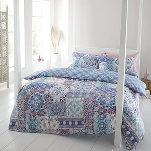 CATHERINE LANSFIELD <BR>
Boho Patchwork Double Duvet Cover Set with Pillowcases <BR>
Blue <BR>