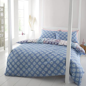 CATHERINE LANSFIELD <BR>
Boho Patchwork Double Duvet Cover Set with Pillowcases <BR>
Blue <BR>