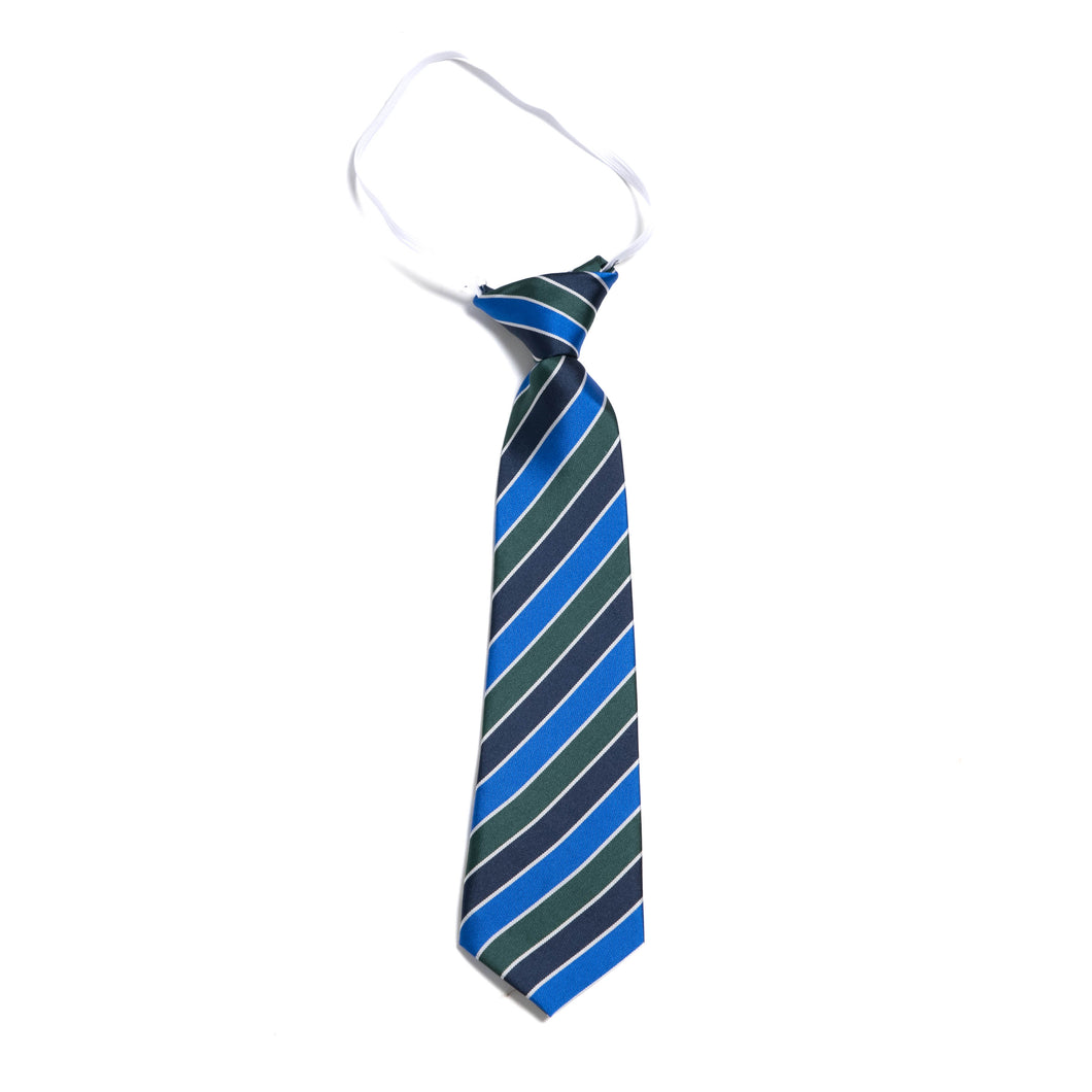 BALLYBAY NS <BR>
Elasticated Striped Tie <BR>
Royal, Navy & Bottle <BR>