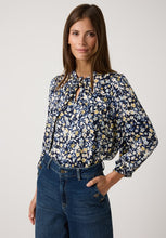 Load image into Gallery viewer, MORE &amp; MORE &lt;BR&gt;
Pussy-Bow Blouse with flower print &lt;BR&gt;
Navy Yellow mix &lt;BR&gt;
