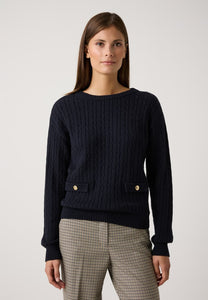 MORE & MORE <BR>
Cable-knit sweater with flaps and gold buttons <BR>
Navy <BR>