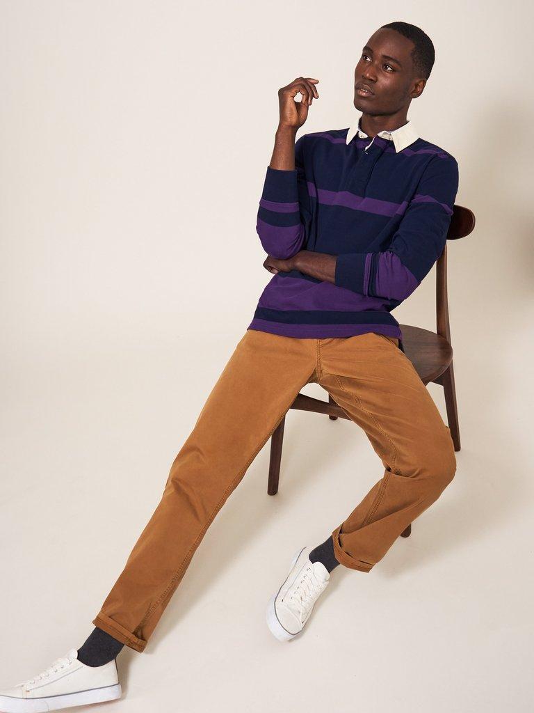 WHITE STUFF <BR>
Colour Block Rugby Shirt <BR>
Navy & Purple Stripe <BR>
