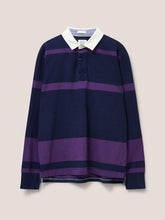 Load image into Gallery viewer, WHITE STUFF &lt;BR&gt;
Colour Block Rugby Shirt &lt;BR&gt;
Navy &amp; Purple Stripe &lt;BR&gt;
