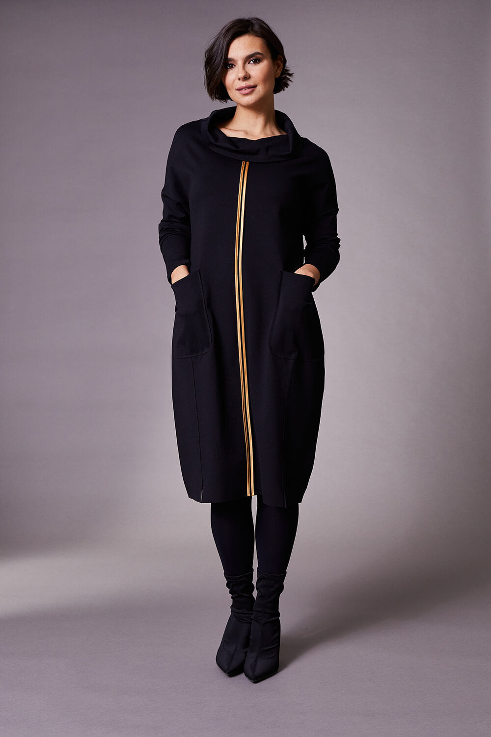 PERUZZI <BR>
Cowl Neck Dress <BR>
Black with bronze trim <BR>