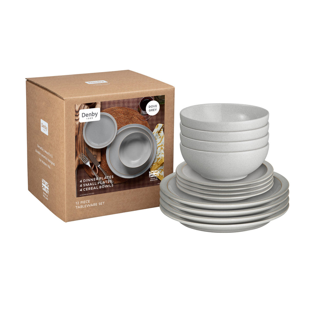 DENBY POTTERY <BR>
Dove Grey 12 Piece Tableware Set <BR>
Grey <BR>