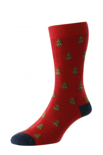 HJ SOCKS <BR>
Christmas Tree Scene Mens Socks <BR>
Red <BR>