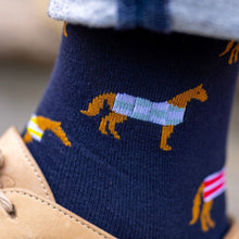 Load image into Gallery viewer, SWOLE PANDA &lt;BR&gt;
Men’s Horse Bamboo Socks &lt;BR&gt;
Navy &lt;BR&gt;
