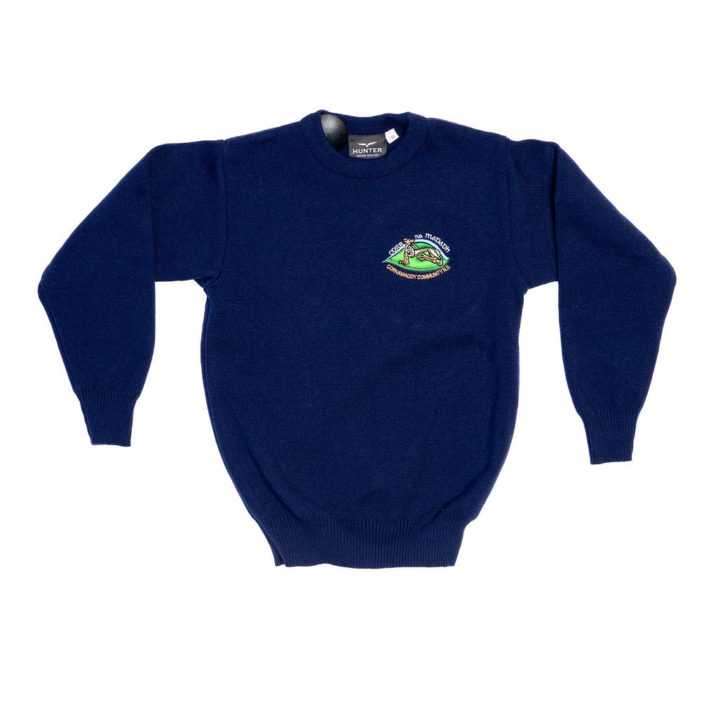 SCHOOL JUMPER <BR>
Cornamaddy National School <BR>
Credted Acrylic Round Neck <BR>
Navy <BR>