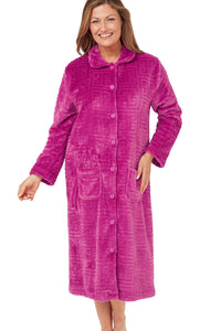 MARLON <BR>
Greek Key Motif Embossed Fleece Button-Through Housecoat <BR>
Pink or Purple <BR>