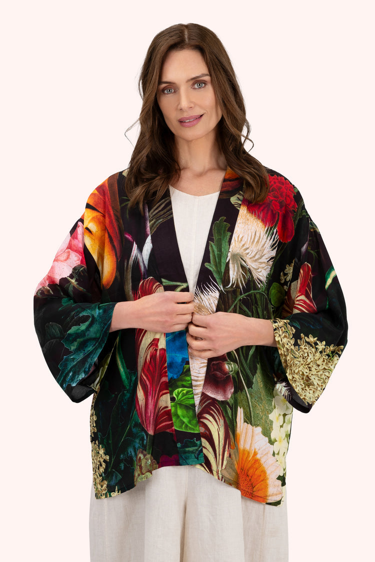 POWDER <BR>
Mid-Length Kimono, Opulant Florals <BR>
Chocolate <BR>