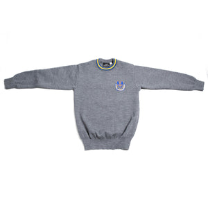 MARIST <BR>
Round Neck Jumper <BR>
Crested Grey with trim of yellow & royal <BR>